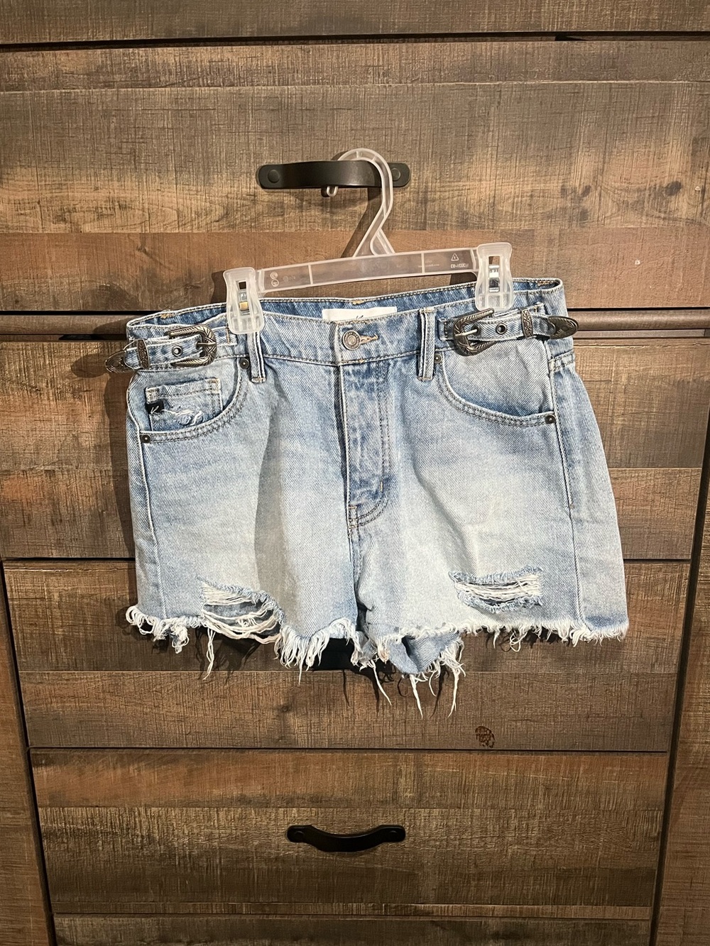 Kancan Light Blue Distressed Denim Women's Shorts with Western Buckle Detail